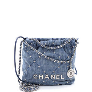 Chanel Mini 22 Chain Hobo Quilted Studded Denim